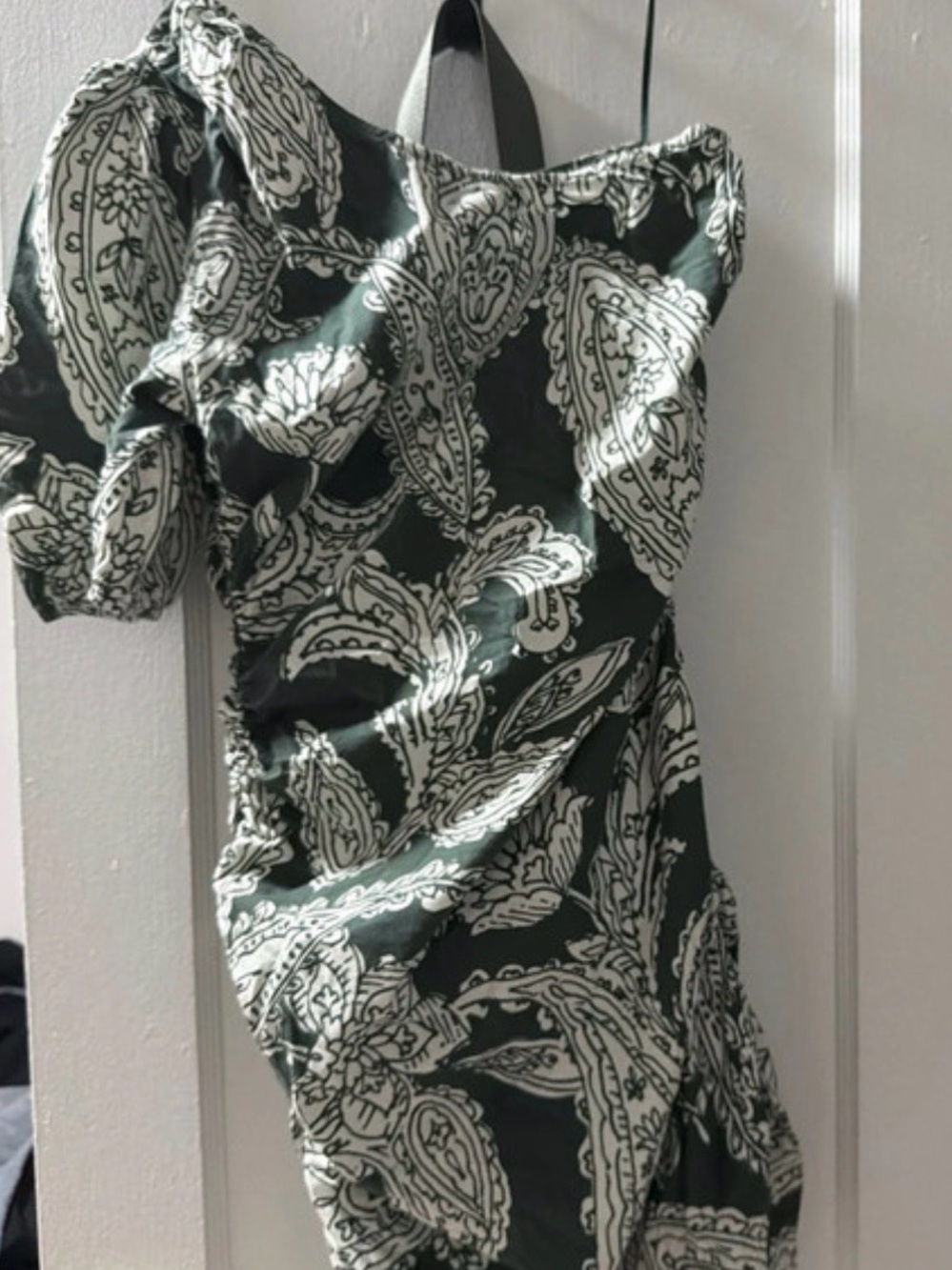 Mavi Dark Green and White Paisley One-Shoulder Mini Dress, wore once